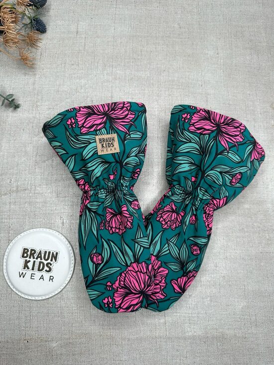 Ziemas softshell cimdi  -  Rozā ziedi uz smaragda